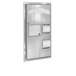 Bradley 591 Partition Mounted Dual Sided Seat Cover Dispenser, Sanitary Napkin Disposal and Toilet Tissue Dispenser Combination Unit